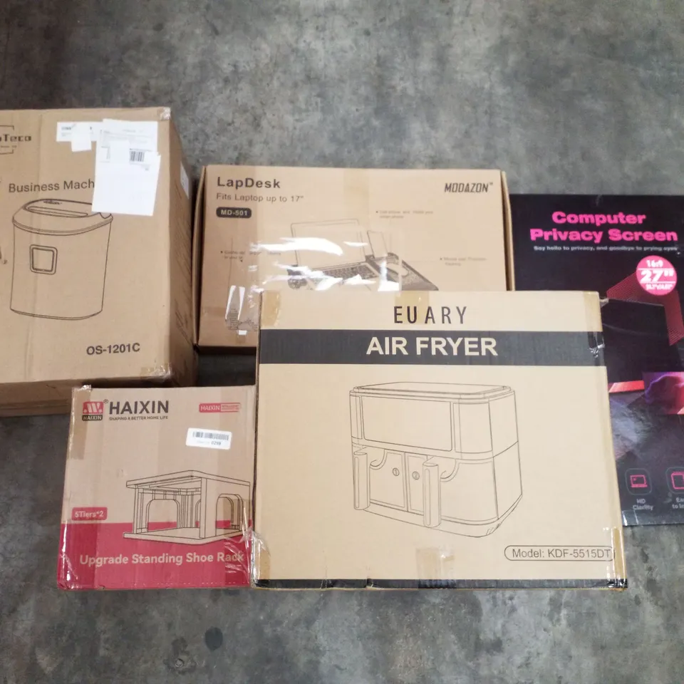 PALLET OF ASSORTED PRODUCTS INCLUDING SHREDDER, AIR FRYER, COMPUTER PRIVACY SCREEN, LAPDESK, STANDING SHOE RACK