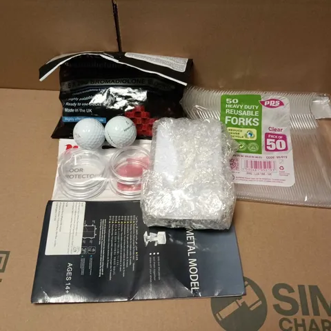 APPROXIMATELY 14 ASSORTED HOUSEHOLD ITEMS TO INCLUDE GOLFBALLS, RODENT KILLER, PLASTIC FORKS, ETC