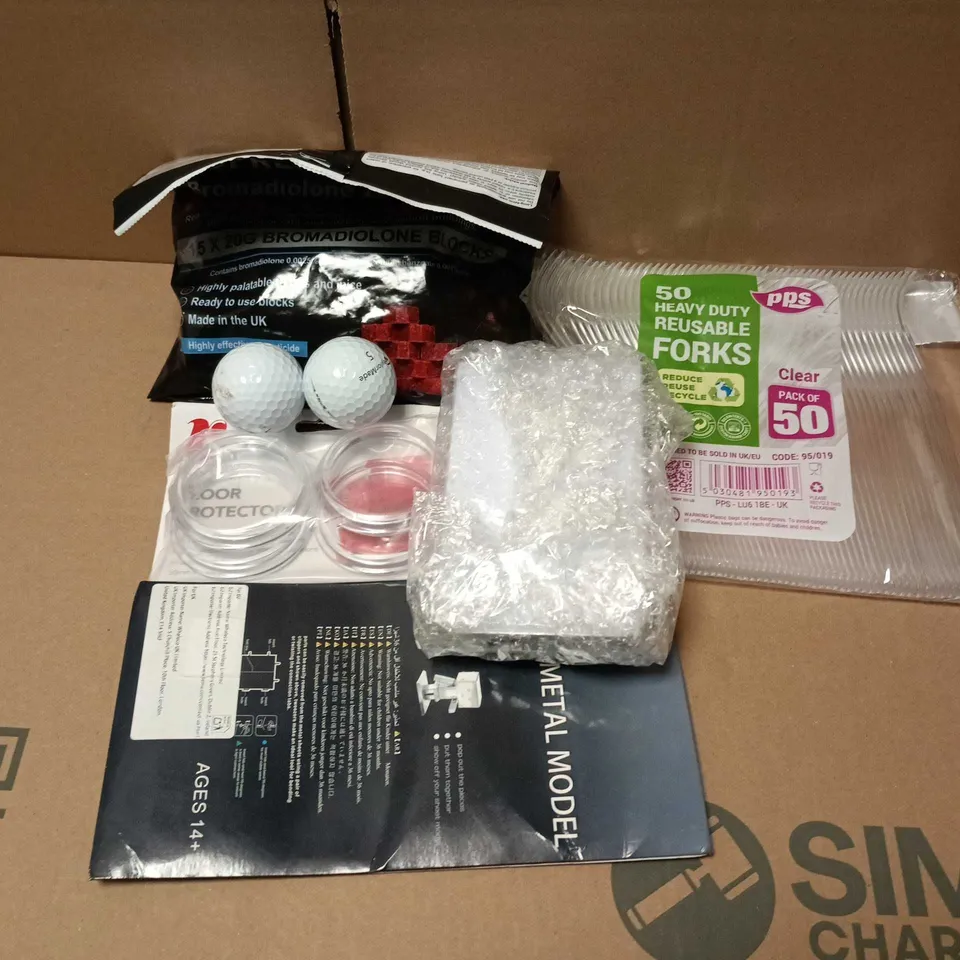 APPROXIMATELY 14 ASSORTED HOUSEHOLD ITEMS TO INCLUDE GOLFBALLS, RODENT KILLER, PLASTIC FORKS, ETC