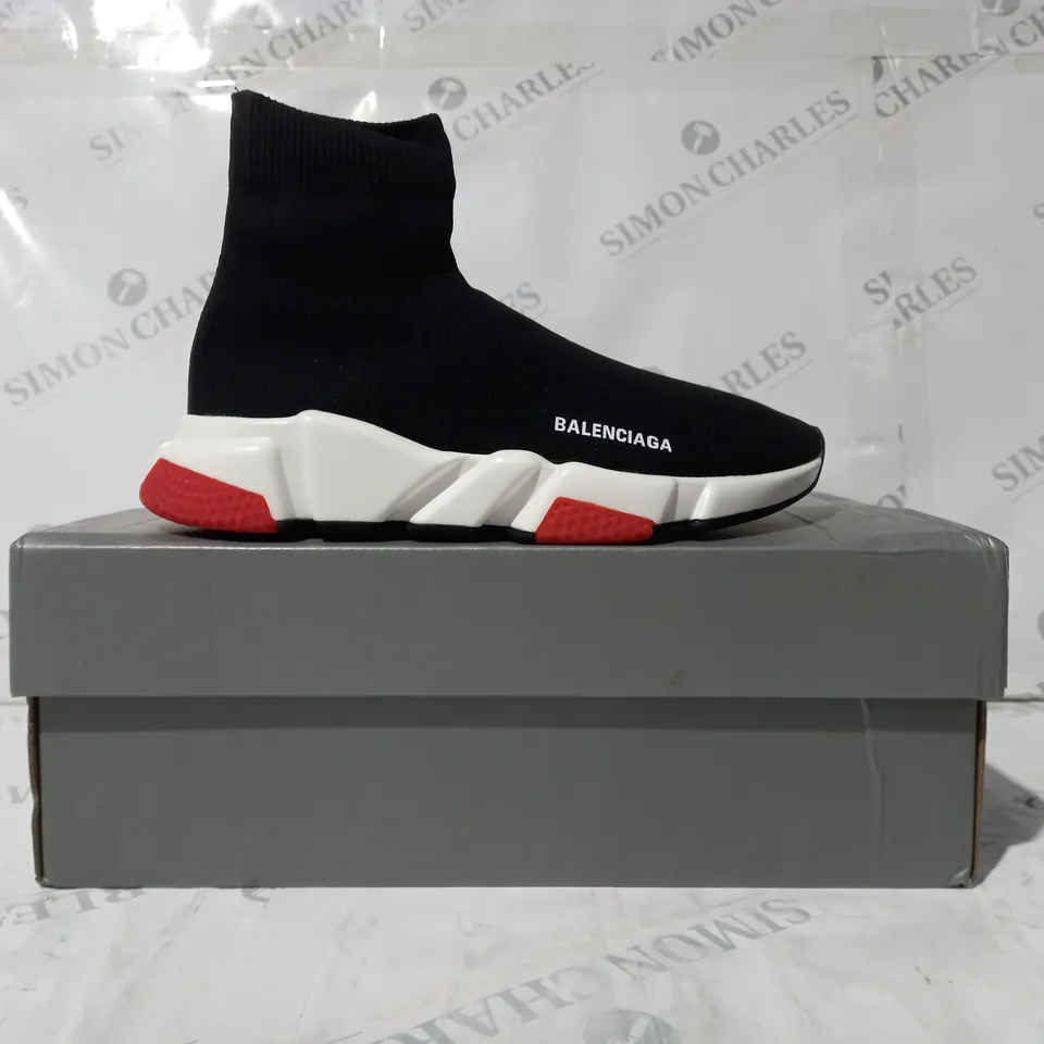 BOXED PAIR OF BALENCIAGA SHOES IN BLACK/WHITE/RED EU SIZE 36