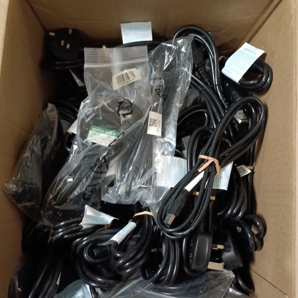 BOX OF APPROXIMATELY 20 ASSORTED POWER AND COMPUTER CABLES
