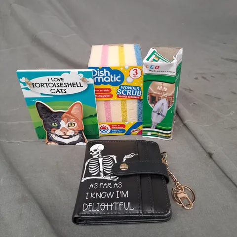APPROXIMATELY 20 HOUSEHOLD ITEMS TO INCLUDE WALLET, LIGHT BULB AND DISH SPONGES