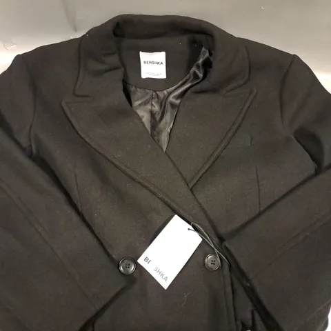 BERSHKA LONG DOUBLE BREASTED COAT IN BLACK SIZE SMALL