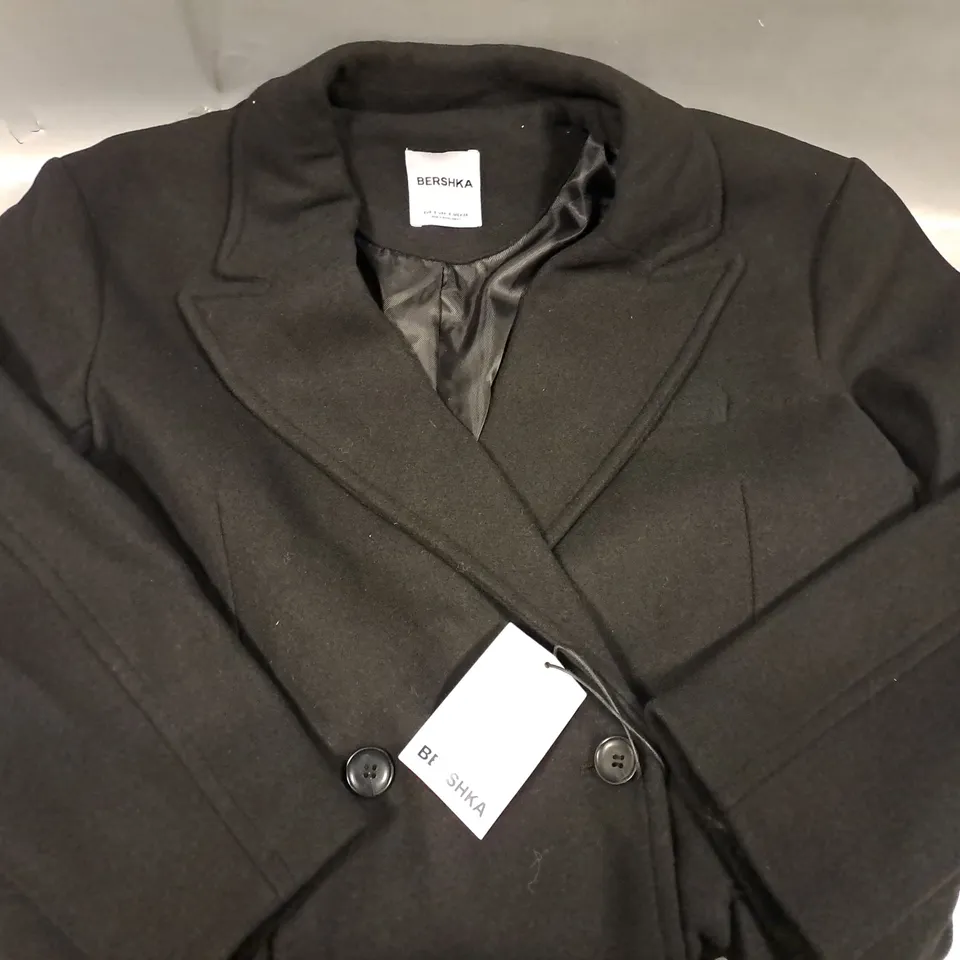 BERSHKA LONG DOUBLE BREASTED COAT IN BLACK SIZE SMALL