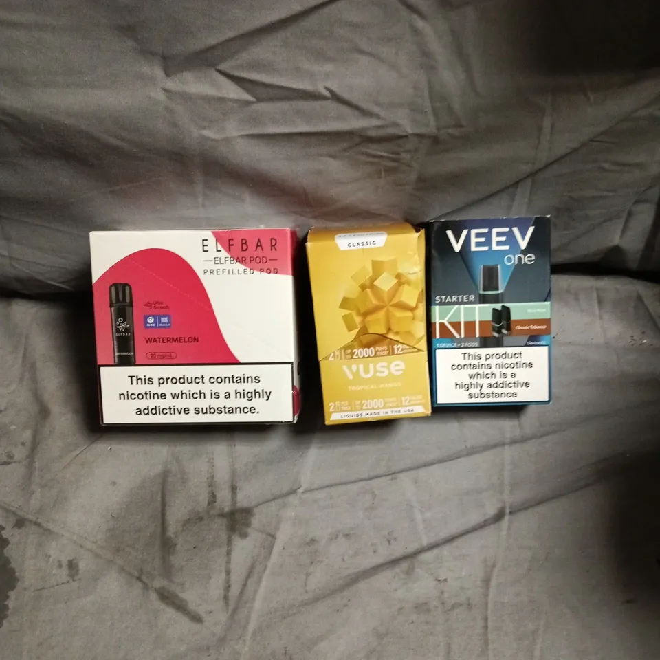 APPROXIMATELY 15 ASSORTED E-CIGARETTE PRODUCTS INCLUDING EFLBAR, VUSE AND VEEV ONE 