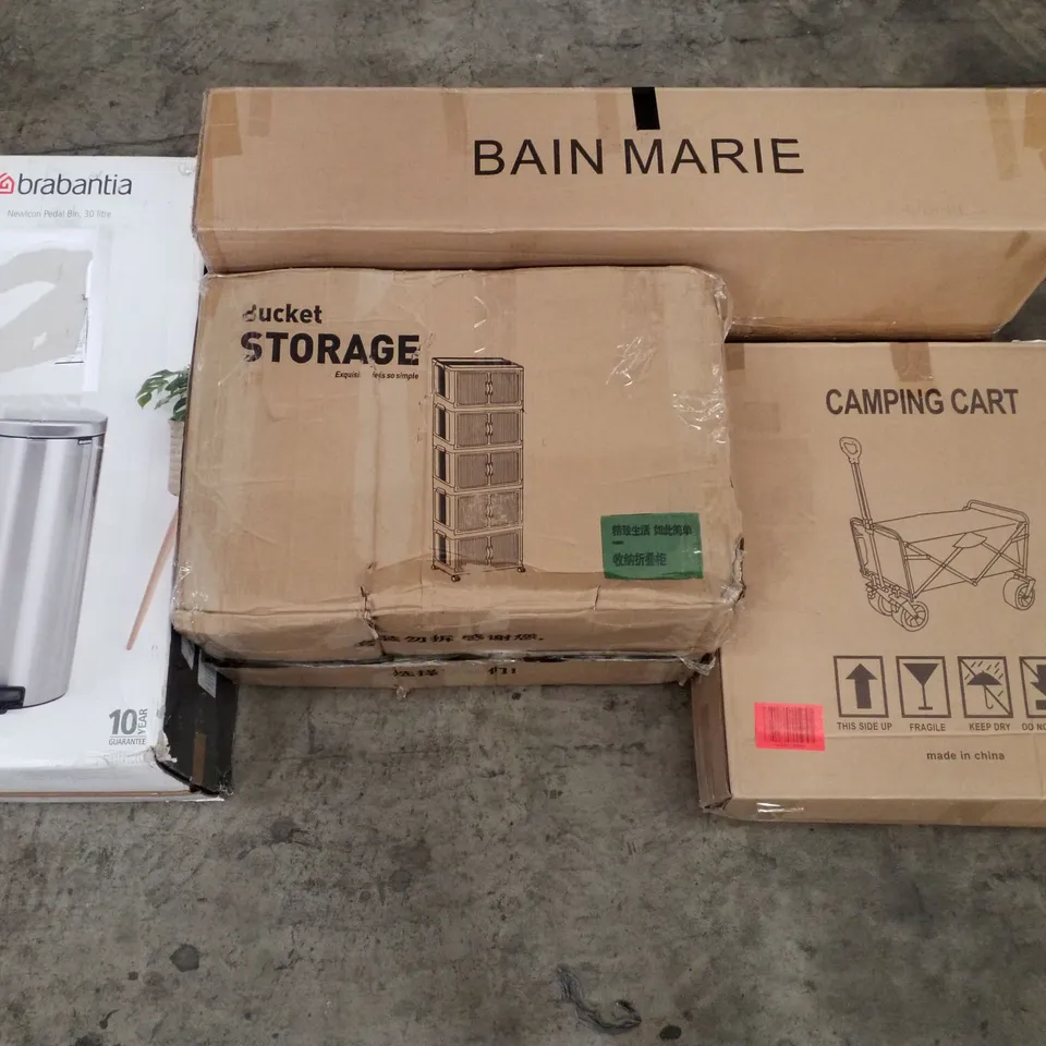 PALLET OF ASSORTED PRODUCTS INCLUDING BAIN MARIE, CAMPING CART, BUCKET STORAGE, PEDAL BIN