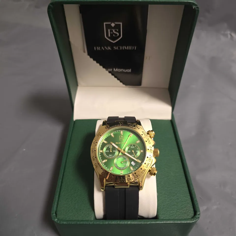 BOXED FRANK SCHMIDT GREEN DIAL GENTS WATCH WITH BLACK RUBBER STRAP