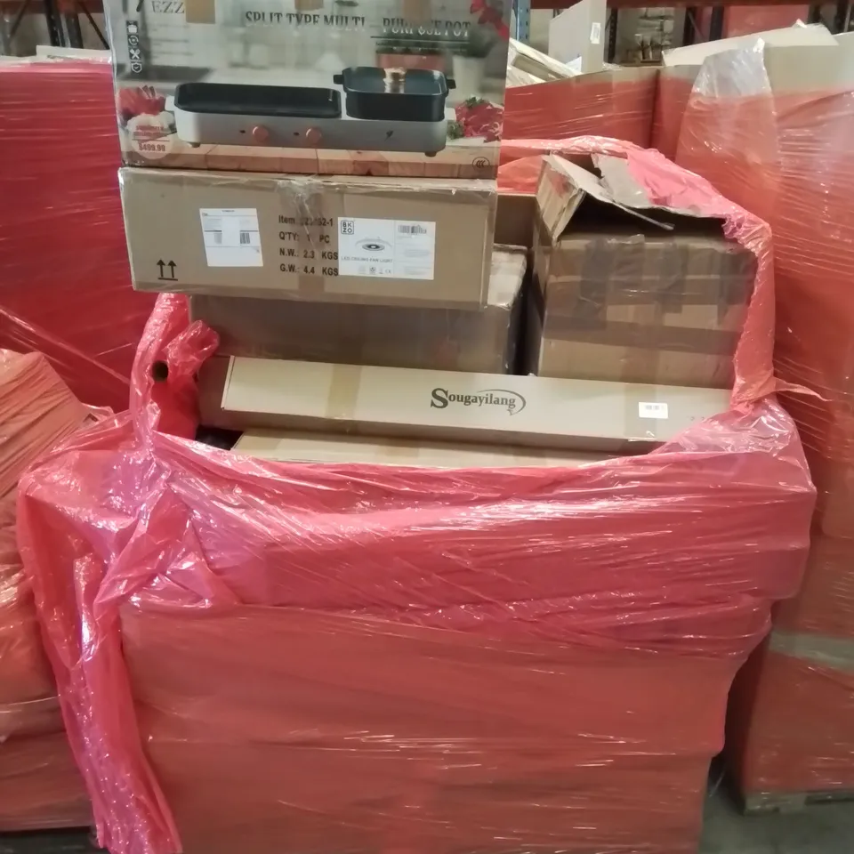 PALLET CONTAINING VARIOUS ASSORTED BOXED HOUSEHOLD ITEMS TO INCLUDE: CEILING FAN AND LIGHT, SPLIT TYPE MULTIPURPOSE POT AND LOTS MORE UNMARKED BOXED ITEMS 