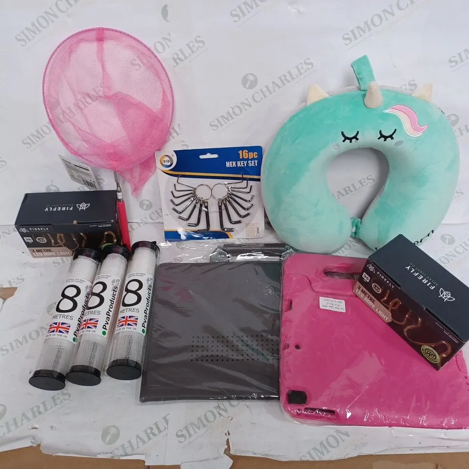BOX TO CONTAIN APPROX. 20 X ASSORTED HOUSEHOLD PRODUCTS, INCLUDES FISHING PVA MESH, HEX KEY SET, LIGHTS, FABRICS ETC 