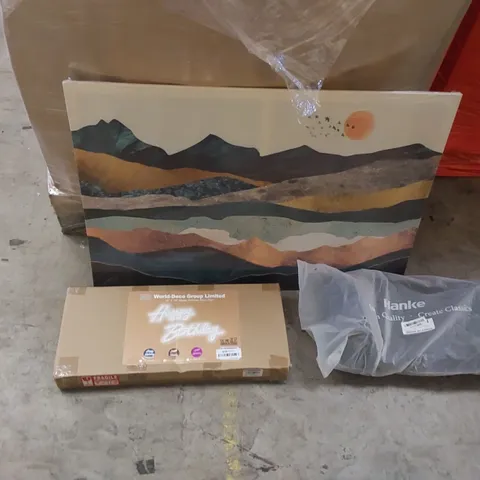 PALLET CONTAINING ASSORTED HOUSEHOLD PRODUCTS. INCLUDES HAPPY BIRTHDAY NEON SIGN, WALL ART, BOXED FURNITURE ETC