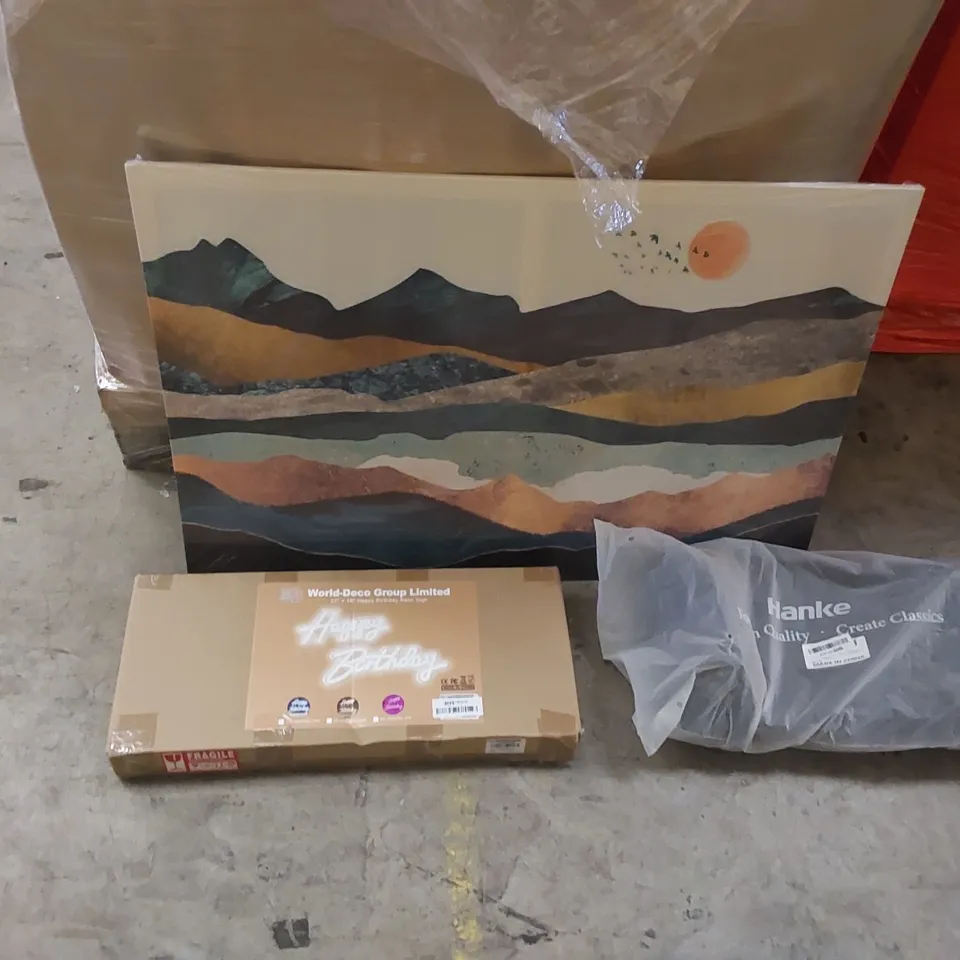PALLET CONTAINING ASSORTED HOUSEHOLD PRODUCTS. INCLUDES HAPPY BIRTHDAY NEON SIGN, WALL ART, BOXED FURNITURE ETC