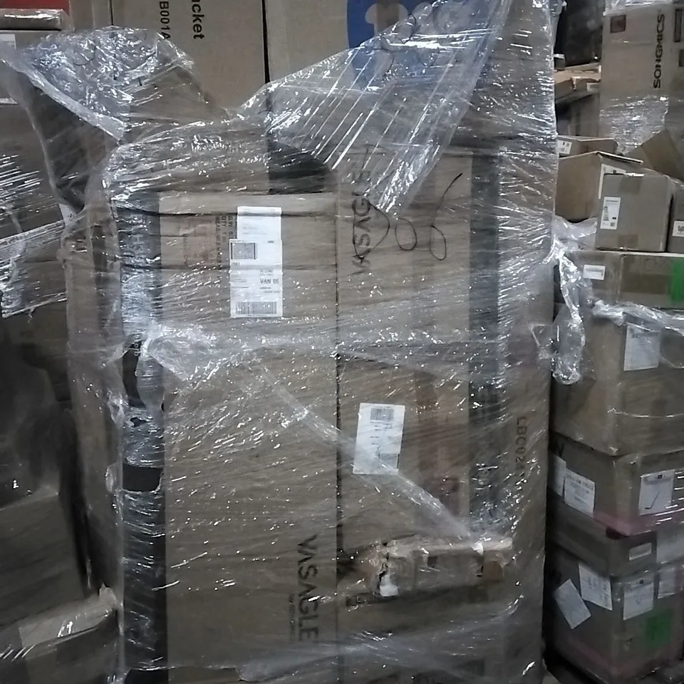 PALLET TO INCLUDE CORNER BRACKET,LAUNDRY HAMPER, LADDER SHELF, LED FLOOD LIGHTS AND OTHER ASSORTED ITEMS...