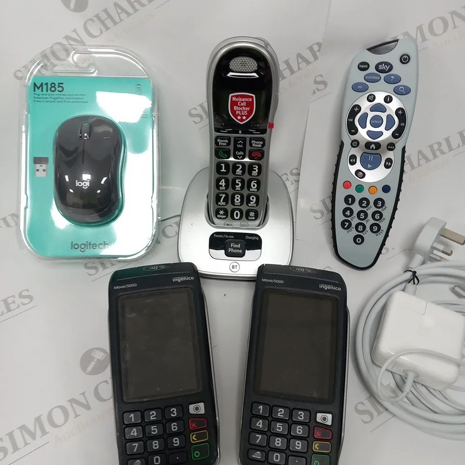 LARGE QUANTITY OF ASSORTED ELECTRICAL DEVICES AND ACCESSORIES TO INCLUDE; LOGITECH M185 MOUSE, INGENICO MOVE/500 AND BT HOME PHONE