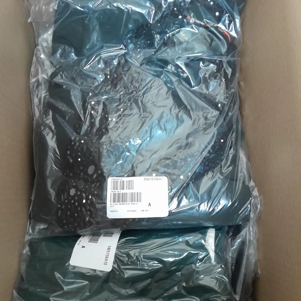 A BOX OF 10 VARIOUS ITEMS OF CLOTHING TO INCLUDE A TURQUOISE PAIR OF TROUSERS A COLOURFUL DRESS BY BRENDA EDWARDS AND A BLACK JUMPER 