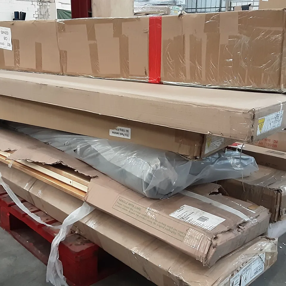 PALLET OF ASSORTED BOXED FURNITURE INCLUDING , BED , WOODEN SLATS , WARDROBE AND FURNITURE PARTS 