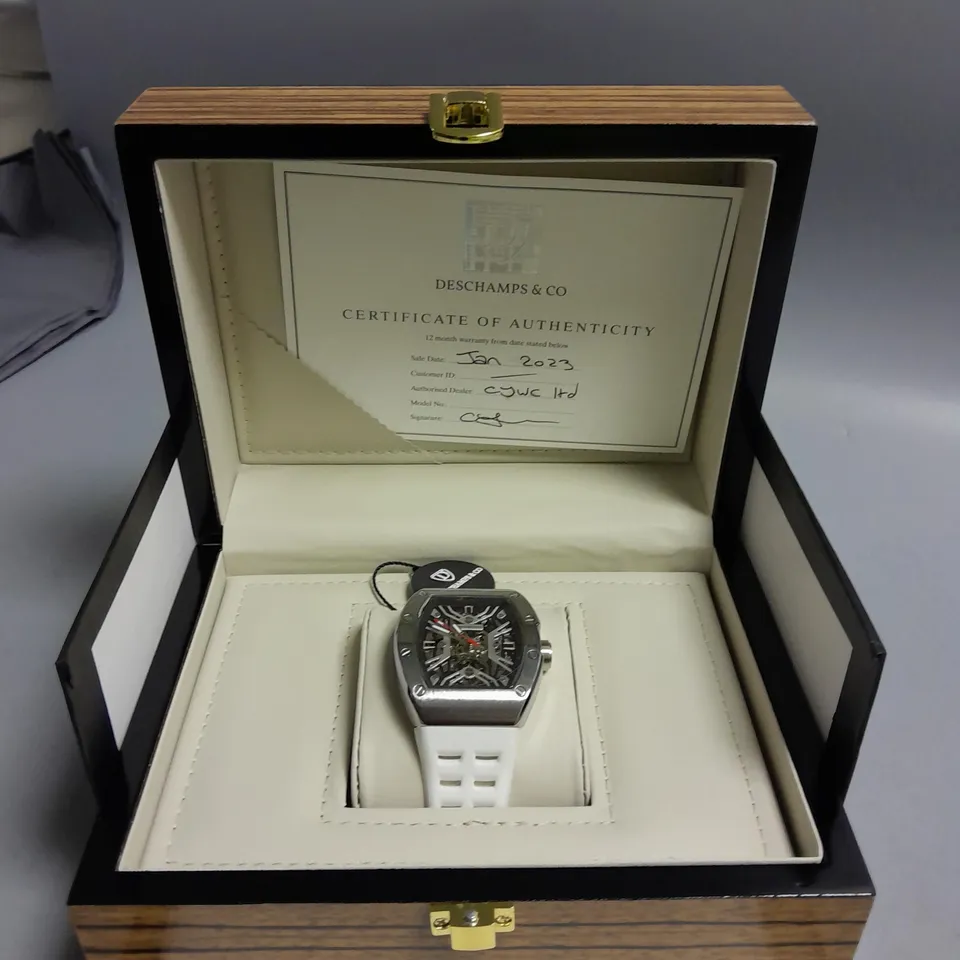 BOXED DES CHAMPS & CO AUTOMATIC GENTS WATCH SKELETON DIAL WHITE RUBBER STRAP
