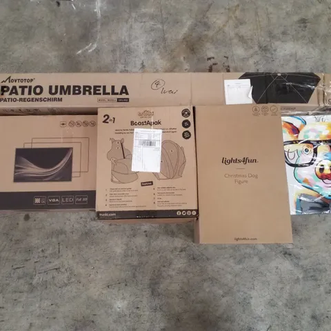 PALLET CONTAINING ASSORTED PRODUCTS INCLUDING PATIO UMBRELLA, CHRISTMAS DOG FIGURE, BOOSTER SEAT/BACKPACK, LED MONITOR & WRAPPED DECO PAINTING 