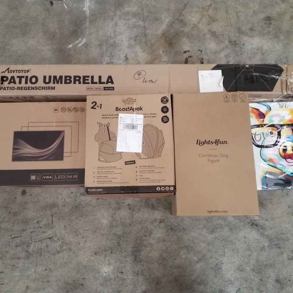 PALLET CONTAINING ASSORTED PRODUCTS INCLUDING PATIO UMBRELLA, CHRISTMAS DOG FIGURE, BOOSTER SEAT/BACKPACK, LED MONITOR & WRAPPED DECO PAINTING 