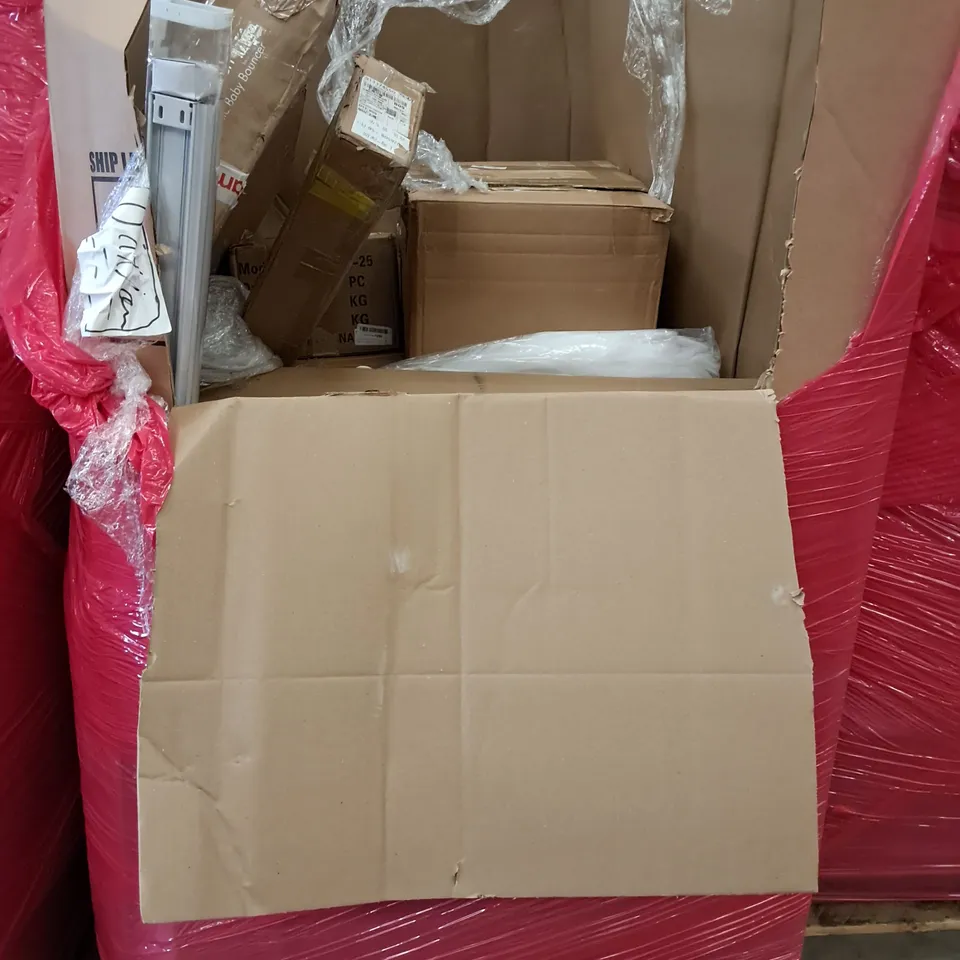 PALLET OF ASSORTED HOUSEHOLD ITEMS TO INCLUDE KIDS BIKE, ARTIFICIAL FEATHERE AND PULL UP BAR