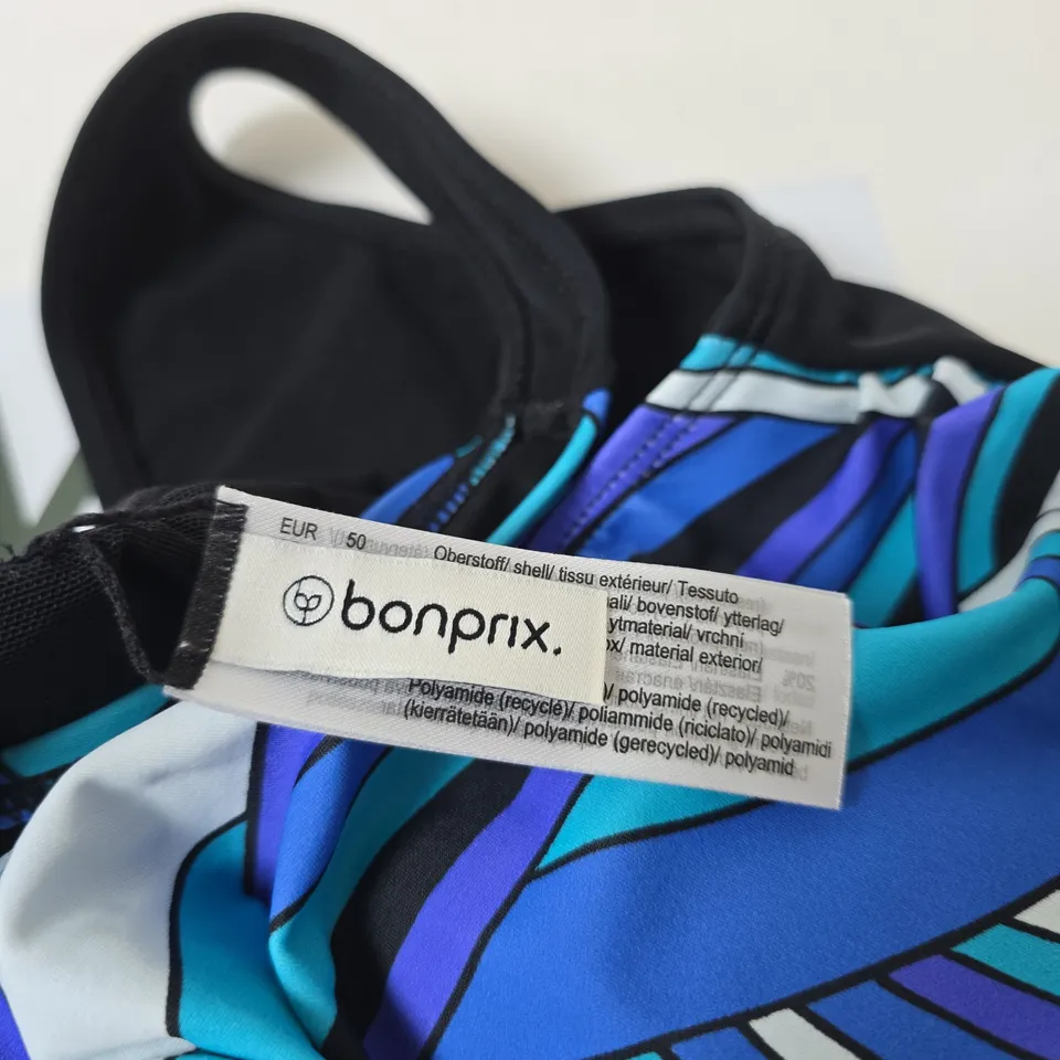 BONPRIX WOMEN’S SWIMSUIT – BLUE/BLACK PATTERN SIZE UK 24