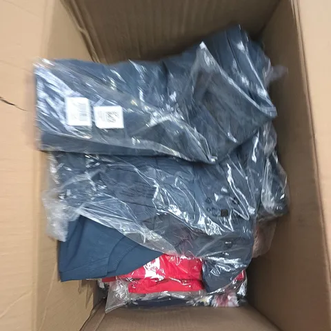 LARGE BOX OF APPROX 10 ASSORTED CLOTHING ITEMS IN VARIOUS COLORS , STYLES AND SIZES 