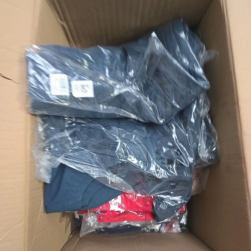 LARGE BOX OF APPROX 10 ASSORTED CLOTHING ITEMS IN VARIOUS COLORS , STYLES AND SIZES
