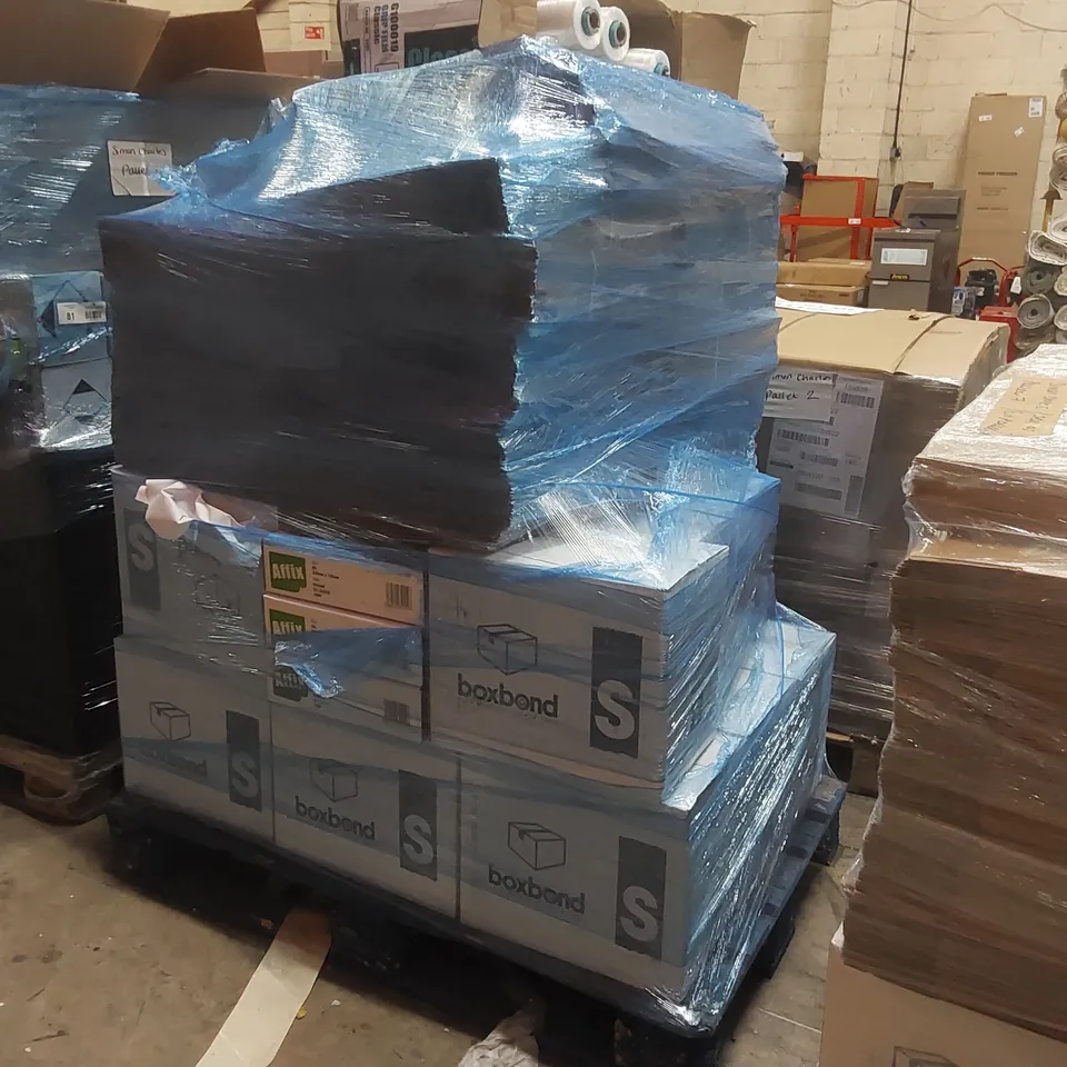 PALLET CONTAINING A LARGE QUANTITY OF ASSORTED ITEMS INCLUDING: PALLET WRAP, TAPE, BOXES, LABELS ECT