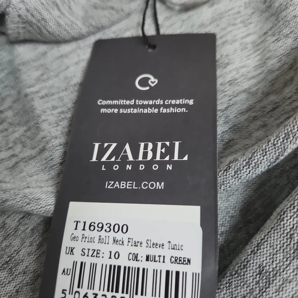 IZABEL LONDON GEO PRINT ROLL-NECK FLARE SLEEVE TUNIC – UK SIZE 10, MULTI GREEN