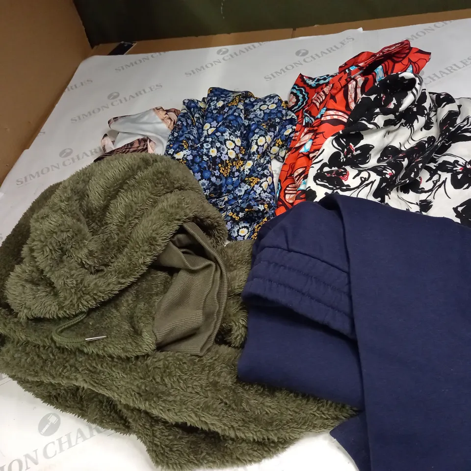 BOX OF ASSORTED CLOTHING ITEMS TOO INCLUDE JUMPERS, SHIRTS AND TROUSERS IN VARIOUS SIZES AND COLOURS   