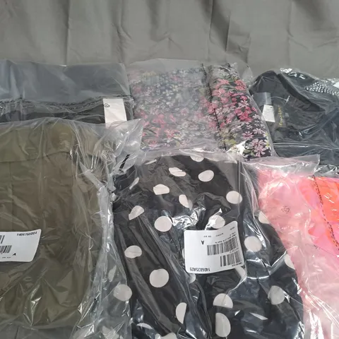 BOX OF ASSORTED CLOTHING ITEMS TOO INCLUDE COATS , TOPS, AND TROUSERS ETC.