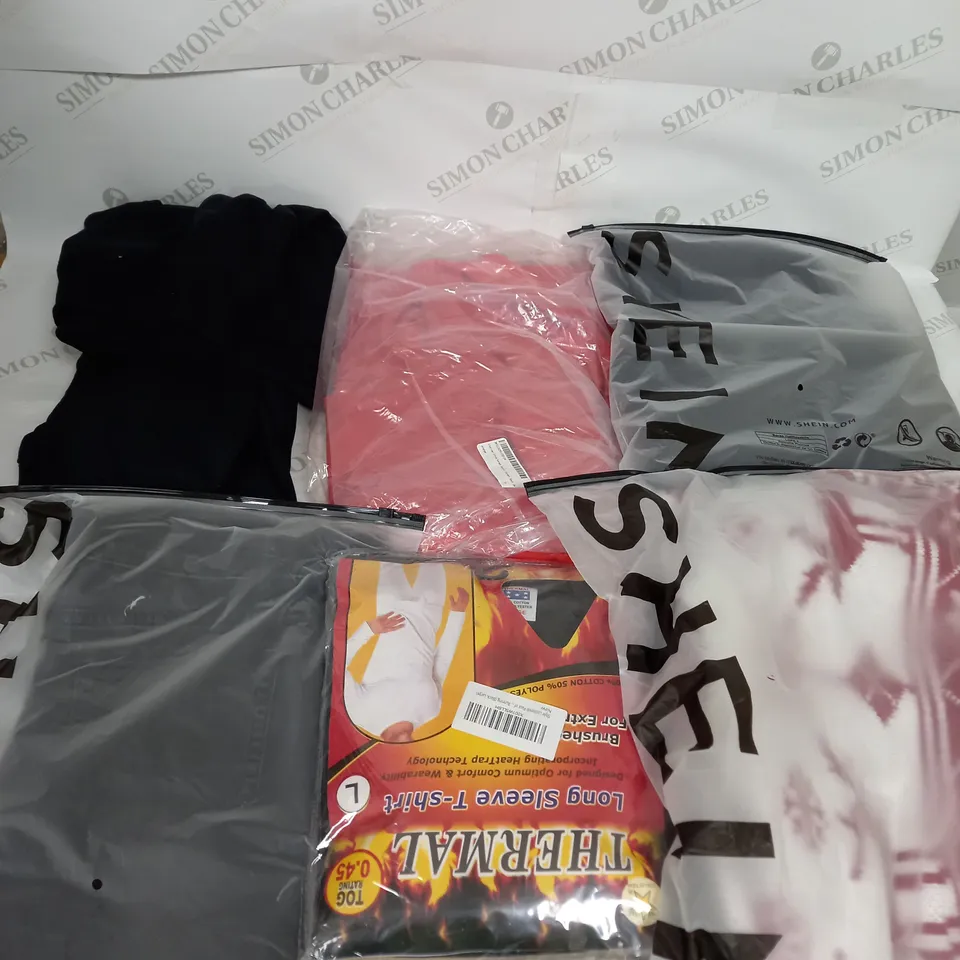 LARGE BOX OF ASSORTED CLOTHING ITEMS IN VARIOUS COLOURS AND SIZES INCLUDING TROUSERS , TOPS AND JUMPERS 