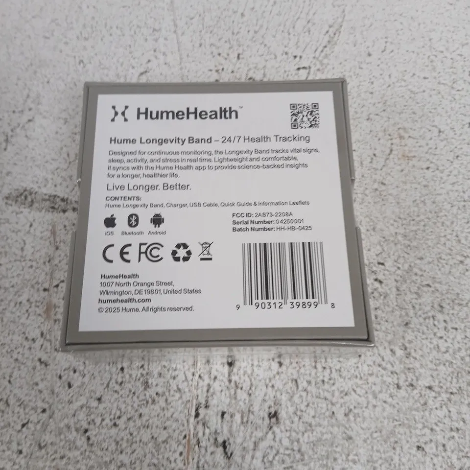 HUMEHEALTH HUME LONGEVITY BAND – HEALTH TRACKING WRISTBAND (BOXED)