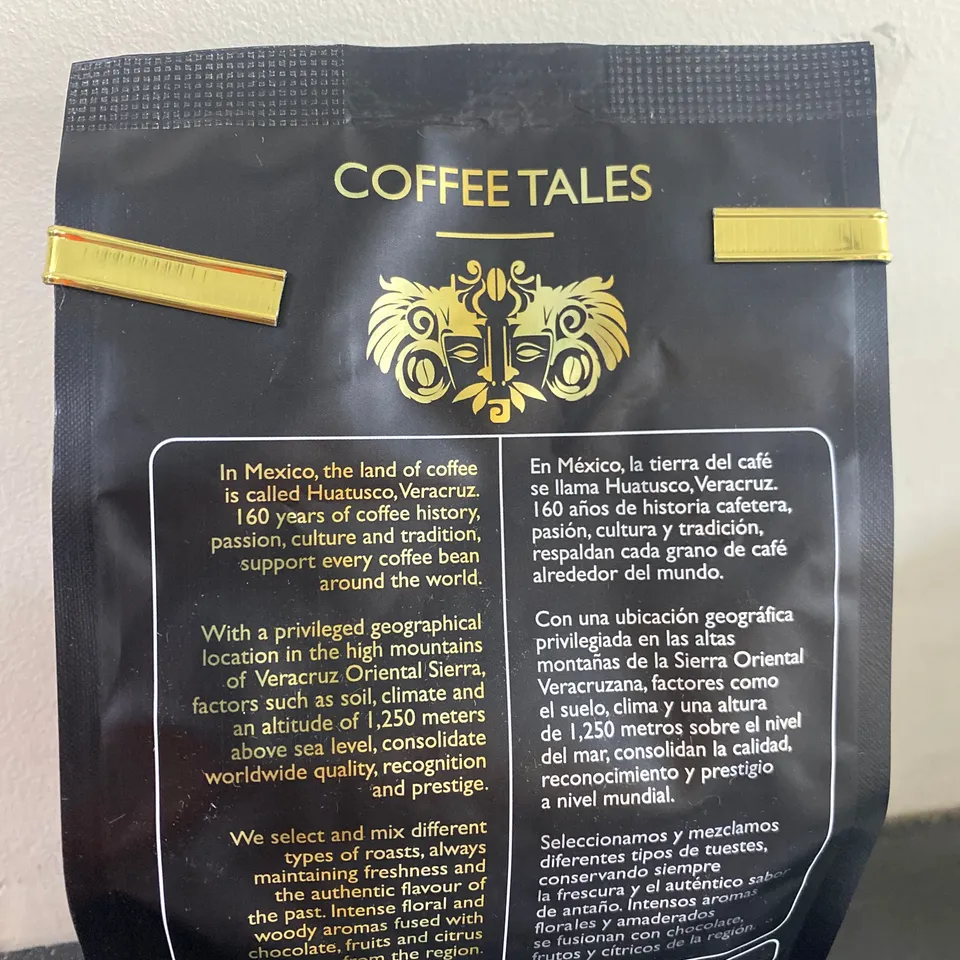 BOX OF 16 PACKS OF BRAND NEW COFFEE TALES ESPRESSO DARK BLEND COFFEE BEANS (Each pack net weight 16oz)