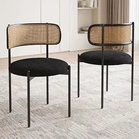 BOXED FARINI KITCHEN CHAIRS SET OF 2, MID-CENTURY MODERN DINING CHAIRS,KITCHEN DINING ROOM CHAIRS, RATTAN BACKREST ROUND UPHOLSTERED SHERPA DINING CHAIRS -BLACK (1 BOX)