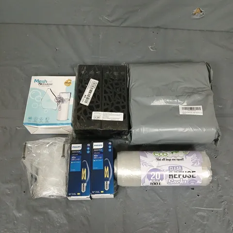 APPROXIMATELY 10 HOUSEHOLD ITEMS TO INCLUDE MESH NEBULIZER, CLEAR REFUSE BAGS, PHILIPS LED BULB, ETC