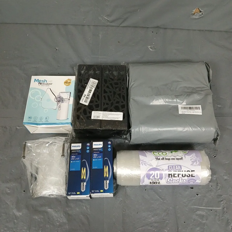 APPROXIMATELY 10 HOUSEHOLD ITEMS TO INCLUDE MESH NEBULIZER, CLEAR REFUSE BAGS, PHILIPS LED BULB, ETC