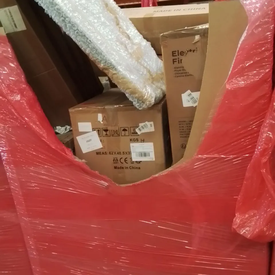 PALLET CONTAINING VARIOUS ASSORTED BOXED HOUSEHOLD ITEMS TO INCLUDE: WASH BASIN AND TAPS, ELECTRIC FIREPLACE,  PLAYPENS, AND LOTS MORE UNMARKED BOXED ITEMS 