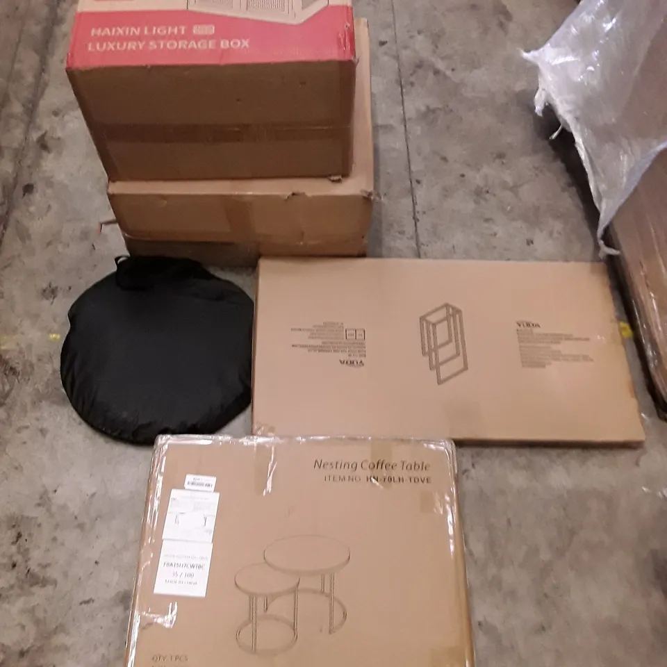 PALLET OF ASSORTED PRODUCTS TO INCLUDE; NESTING COFFEE TABLE- HAILON LUXURY STORAGE BOX - METAL TOWEL RACK ECT
