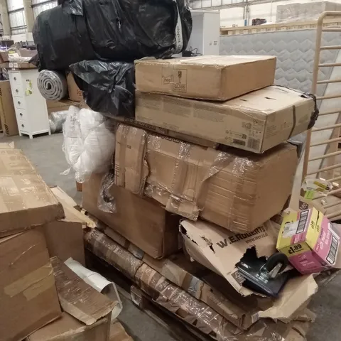 PALLET OF ASSORTED HOUSEHOLD GOODS AND PRODUCTS TO INCLUDE; RACKING, TROLLEY, GLASS JARS ETC