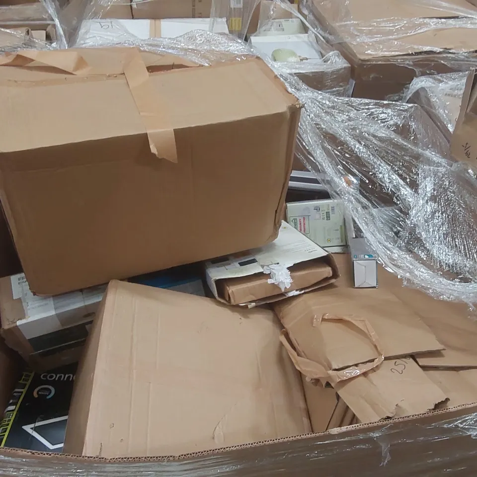 PALLET TO CONTAIN A VERY LARGE QUANTITY OF DESIGNER INDOOR LIGHTING PRODUCTS TO INCLUDE: FLOOR LAMP, OUTDOOR LIGHTS, CEILING LIGHTS, WALL LIGHTS ECT