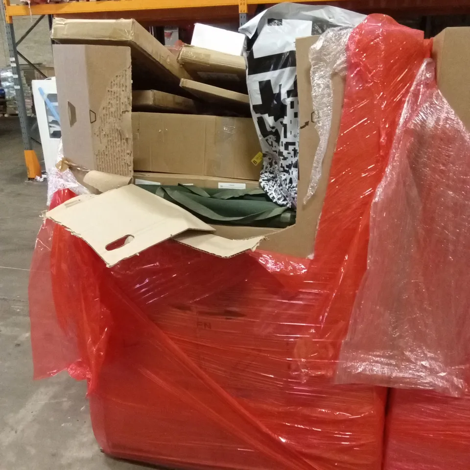 PALLET OF ASSORTED ITEMS INCLUDING: GOLF PUTTING TRAINER, WALKING AID, BOXED FURNITURE ETC