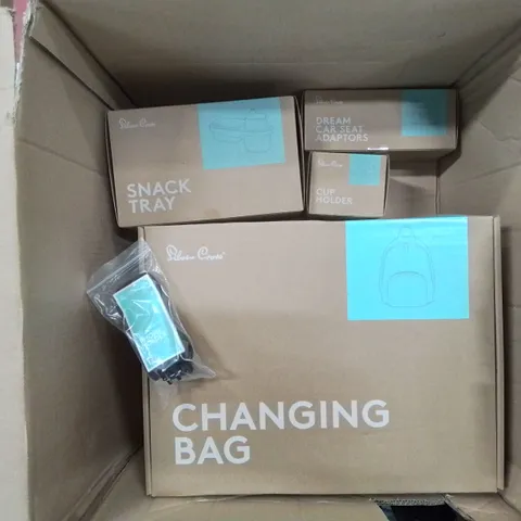 BOXED SILVER CROSS BABY BUNDLE TO INCLUDE, CHANGING BAG, SNACK TRAY, DREAM CAR SEAT ADAPTERS AND A CUP HOLDER