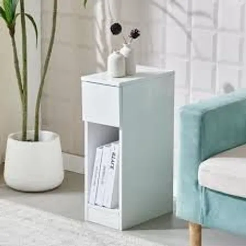BOXED SLIM BEDSIDE TABLE BEDROOM NIGHTSTAND WITH OPEN SHELF & DRAWER, NARROW END TABLE SOFA