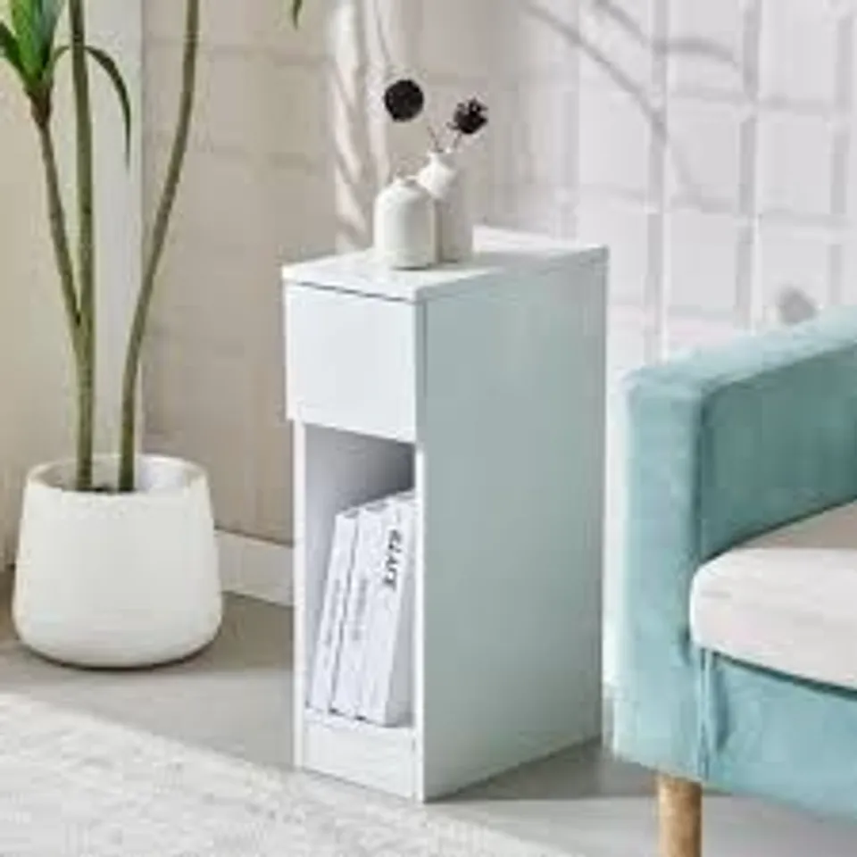 BOXED SLIM BEDSIDE TABLE BEDROOM NIGHTSTAND WITH OPEN SHELF & DRAWER, NARROW END TABLE SOFA