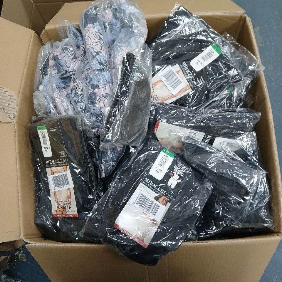 BOX OF APPROXIMATELY 35 ASSORTED CLOTHING ITEMS INCLUDING MIRACLESUIT SIZE LARGE, FINERY BLUE DRESS SIZE 8 AND GREAT PLAINS MULTI COLOUR DRESS SIZE 10