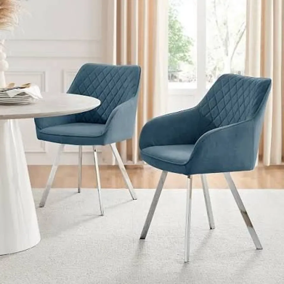 BOXED SET OF 2 FALUN BLUE FABRIC DINING CHAIRS WITH SILVER LEGS 