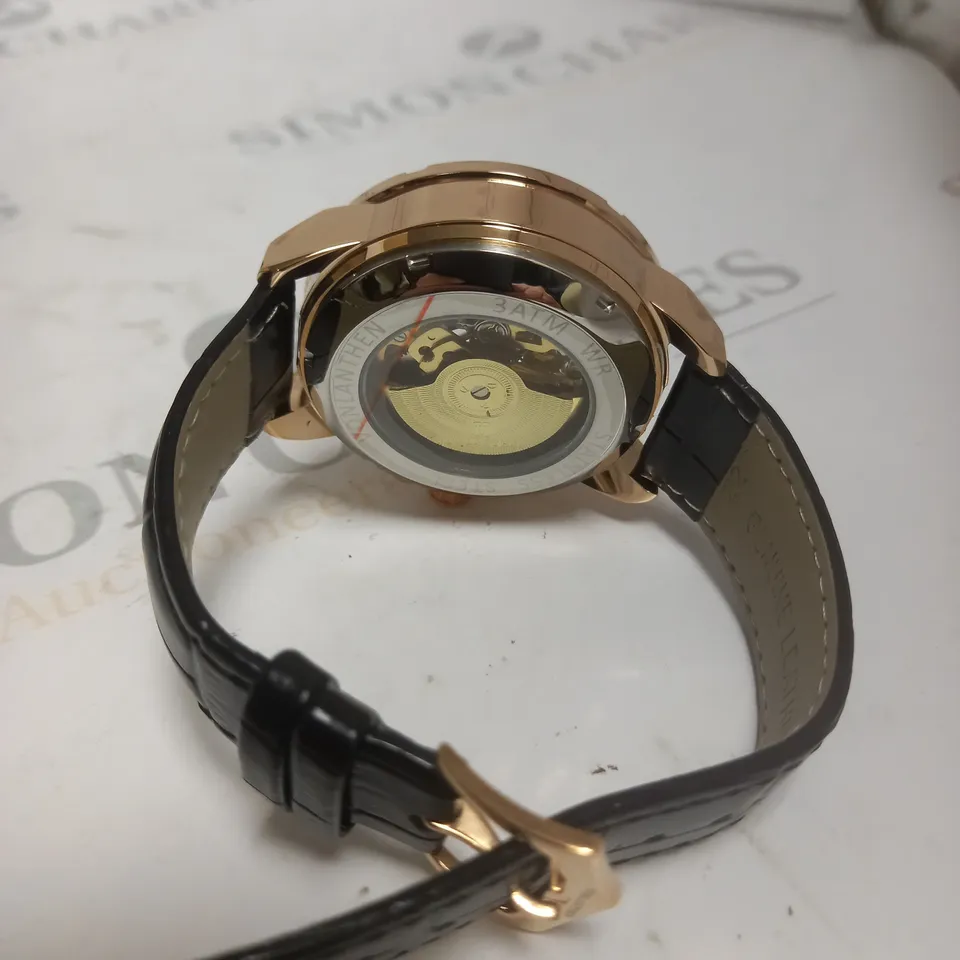 MENS VONLANTHEN AUTOMATIC WATCH – SKELETON DIAL – GOLD COLOUR CASE - GLASS EXHIBITION BACKCASE – BLACK LEATHER STRAP