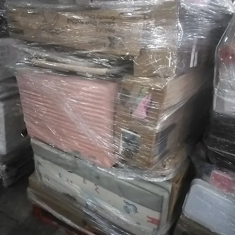 PALLET CONTAINING A LARGE QUANTITY OF ASSORTED HOUSEHOLD GOODS WHICH INCLUDE; SUN LOUNGERS, SUITCASES, GRAVITY CHAIRS, PARASOLS ETC