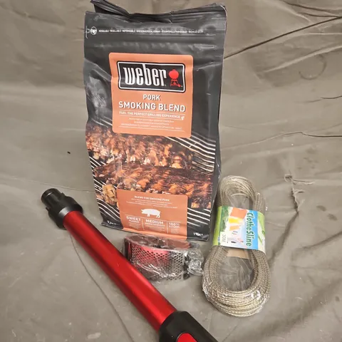 TOTE OF APPROXIMATELY 10 ASSORTED HOUSEHOLD ITEMS TO INCLUDE WEBER, CLOTHESLINE AND HOOVER PARTS