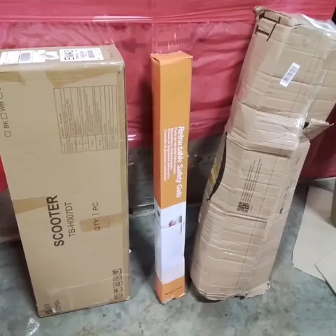 PALLET OF ASSORTED HOUSEHOLD GOODS AND PRODUCTS TO INCLUDE; SCOOTER,RETRACTABLE SAFETY GATE,LARGE RUG 